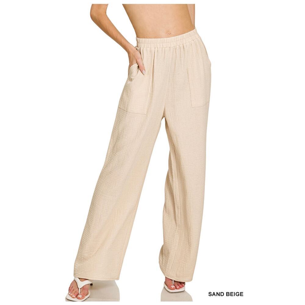 Wide Leg Cream Pull-On Pants for Women - Picture 2 of 3